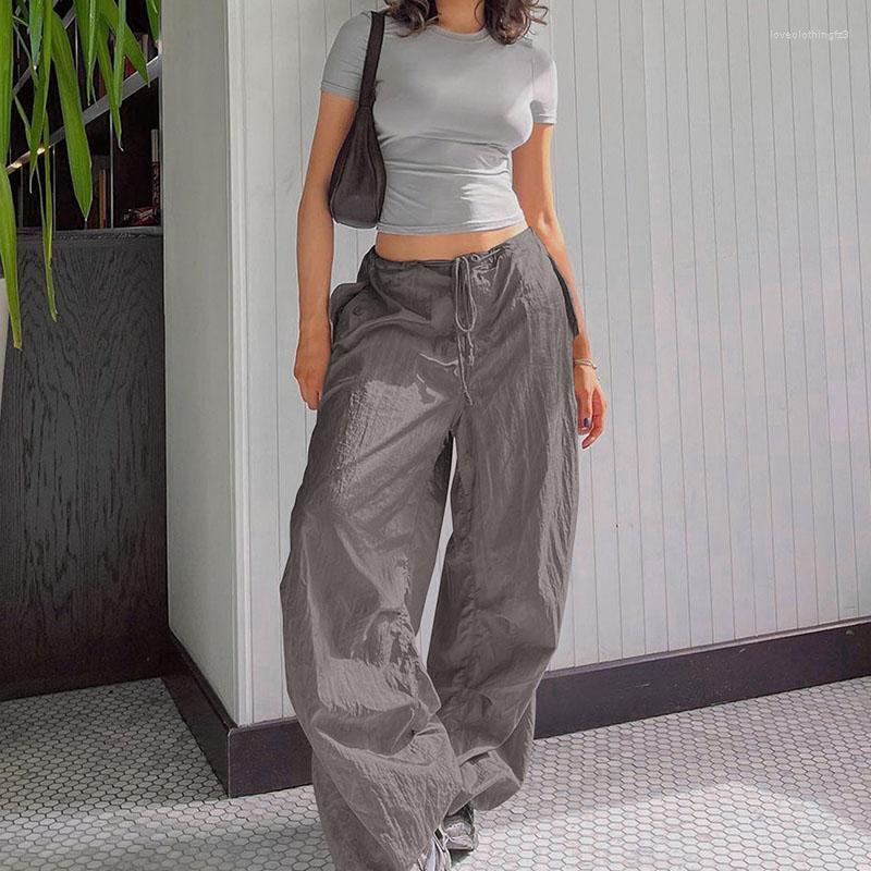 

Women' Pants Streetwear Y2K Casual Cargo For Women Vintage Solid High Waisted Drawstring Loose Straight Baggy Trousers Pantalones, Black