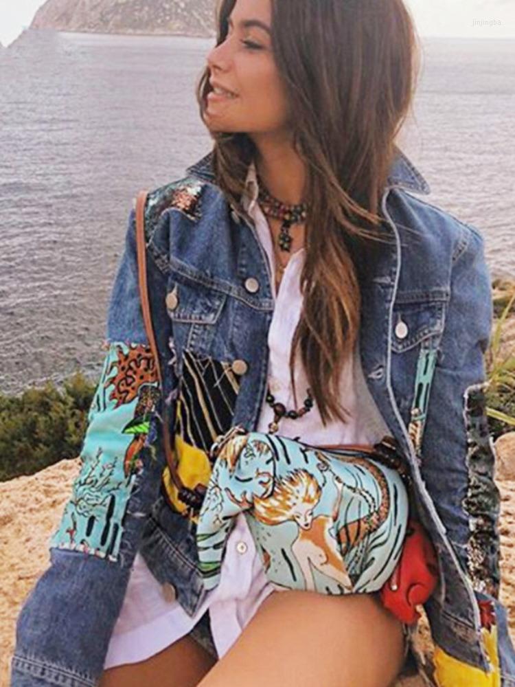 

Women' Jackets 2023 Female Boho Denim Jacket Women Autumn Wintage Cartoon Pattern Qppliques Embroidery Outerwear Jean Veste En, Blue