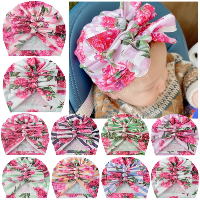 

New Printed Flower Hats for Infants Newborn Stripe Knot Turban for Baby Girls Hair Accessories Cute Photo Props, Mixed color
