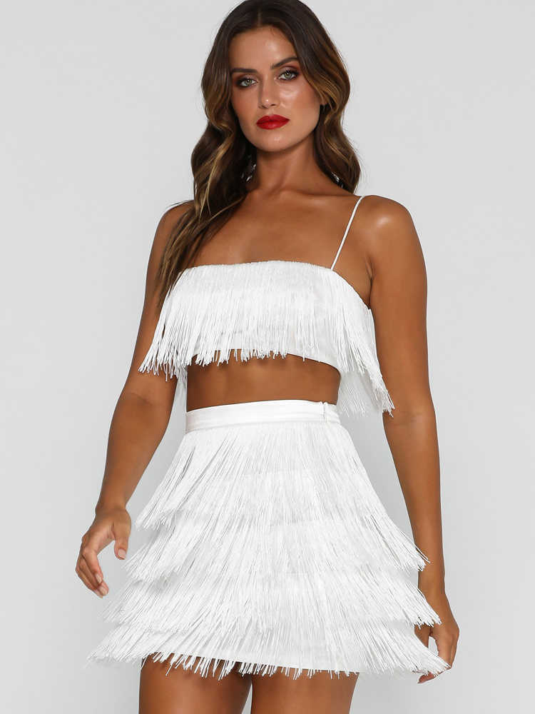 

White 2 Piece Dress Sets Sexy Layered Tassel Beach Vacation Rave Outfits Cheap Summer Dress