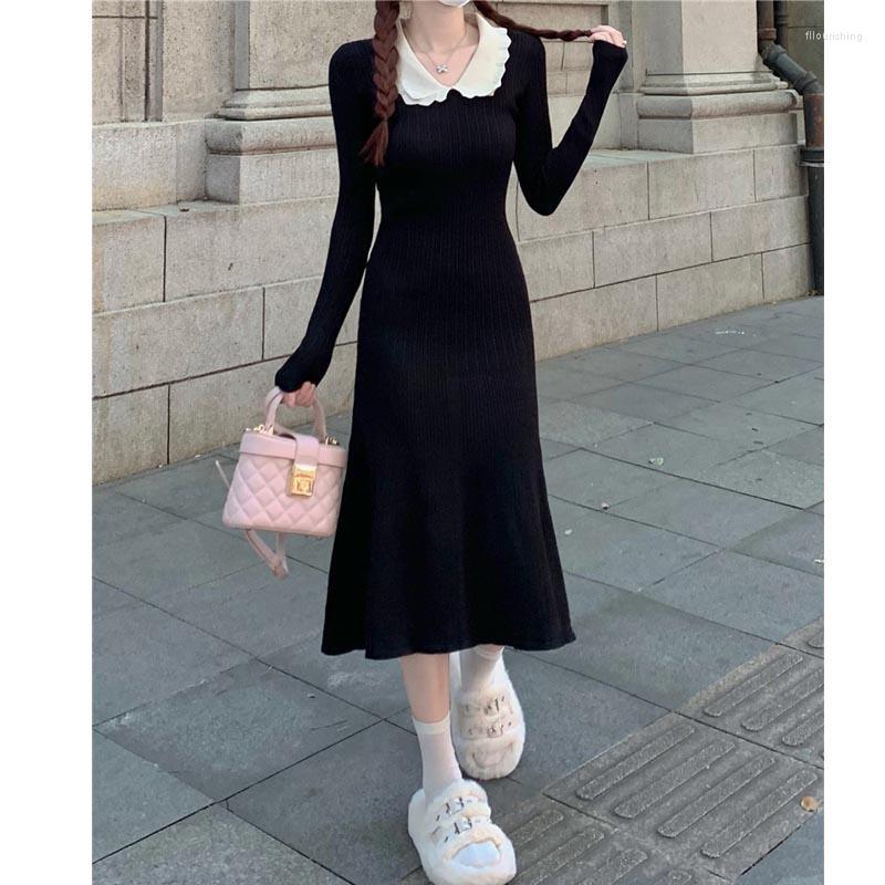 

Casual Dresses Women's Knitting Long Dress Sleeve Doll Collar Female Party, Black