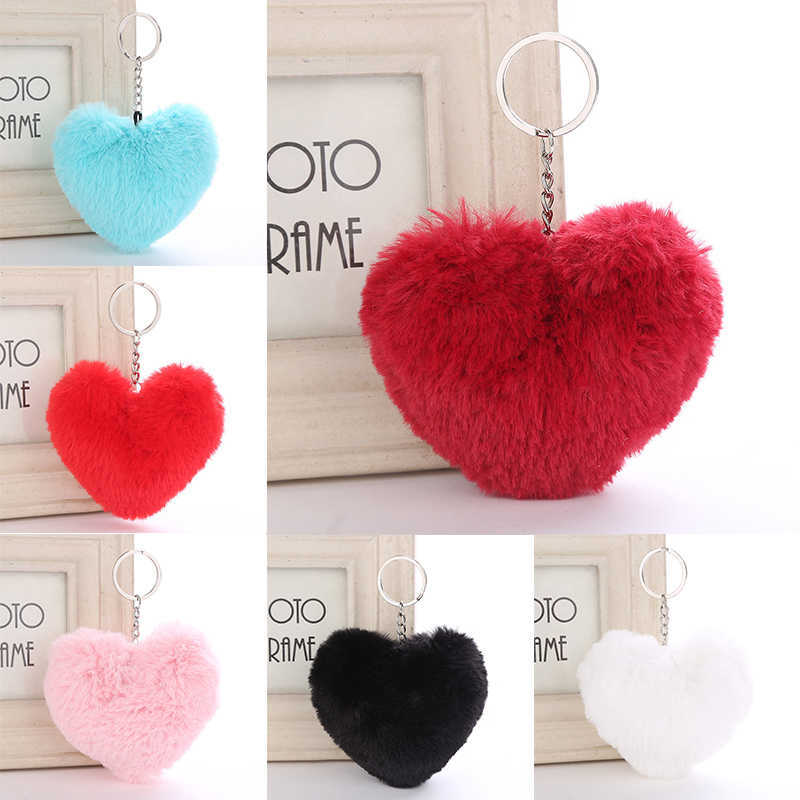 

Key Rings Soft Fluffy Fur Pompom Keychain Solid Color Heart Shape Plush Faux Rabbit Fur Ball Car Handbag Pendant Key Ring Gift Accessories AA230525