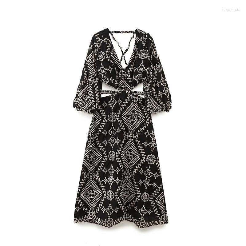 

Casual Dresses YENKYE Fashion Women Embroidered Cut Out Midi Dress Sexy Backless Cross-Back Straps V Neck Female Party Vestidos, As picture