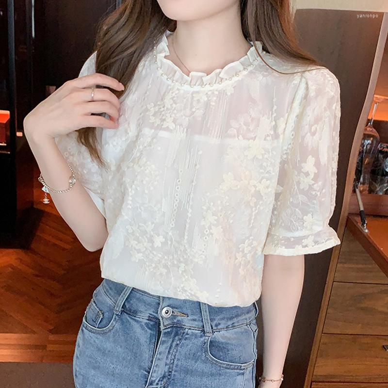 

Women' Blouses Casual Elegant O Neck Women' Shirts Summer Female Clothing Fashion Floral Chiffon Blouse Women Tops Beading Blusas, Apricot