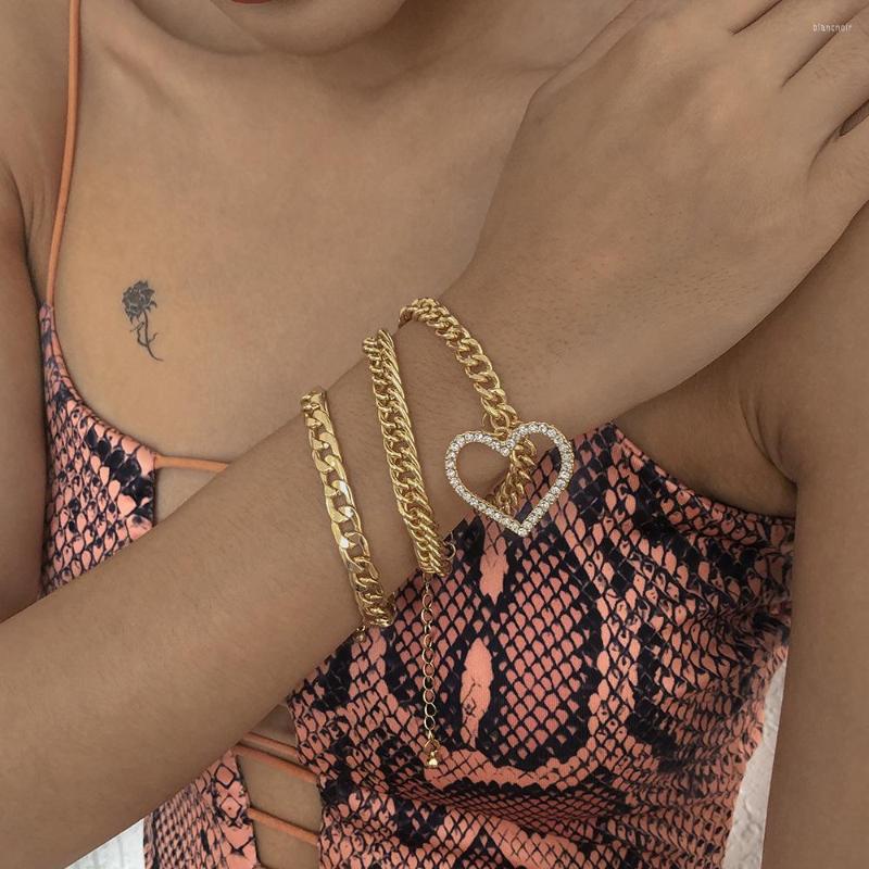 

Link Bracelets Alloy Rhinestone Hollow Heart Charm Bracelet For Women Gold Color Thick Chain Hand Chains 2023 Fashion Jewelry Female
