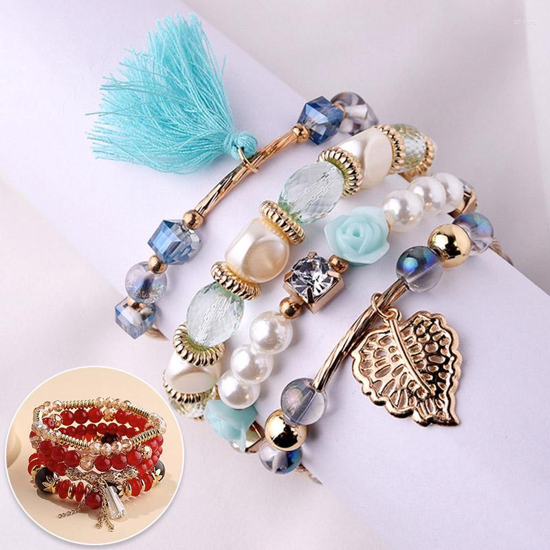 

Bangle Fashion Multi-layer Beads Bracelet Women Crystal Pearl Leaf Tassel Alloy Girl Elegant Party Jewelry Gifts