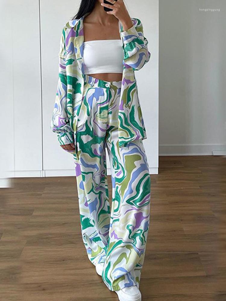 

Women' Two Piece Pants Women Summer Print Polo Collar Set Loose Elegant Streetwear Office Lady Fashion Long Sleeve Pant 2023