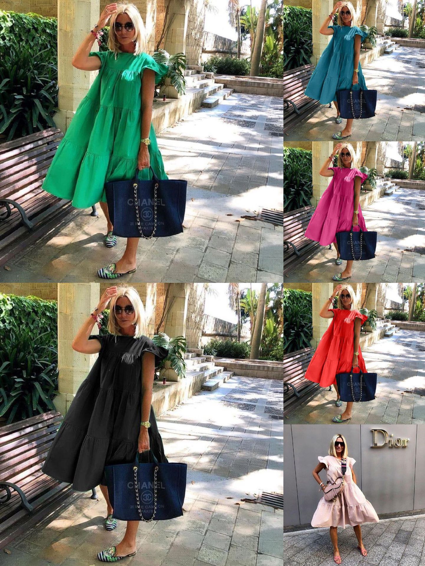 

Summer new product Korean version of large size women's skirt loose casual pleated round neck short-sleeved dress female solid color