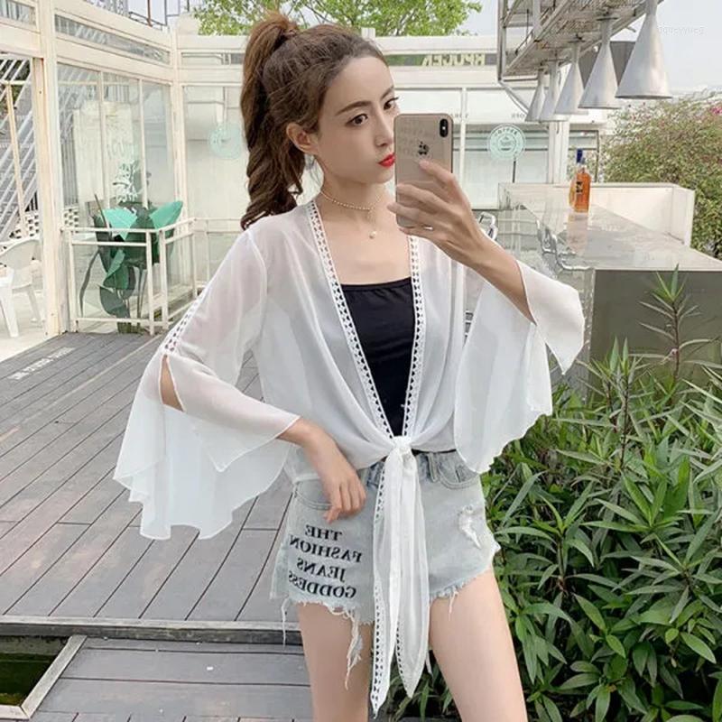 

Women' Blouses TingYiLi Lace-Trim Asymmetrical-Hem Chiffon Kimono Cardigan Women Summer Flare-Sleeve Shawl Holiday Beach Black White Shirt