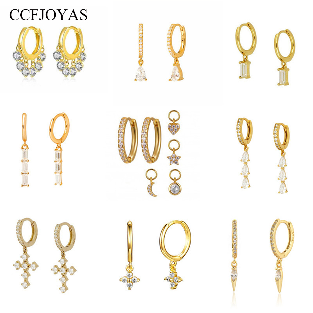 

CCFJOYAS White color Zircon Small Hoop Earrings 925 Sterling Silver Cross/Square/Ball/Water Drop Shaped Hoop Earrings Jewelry