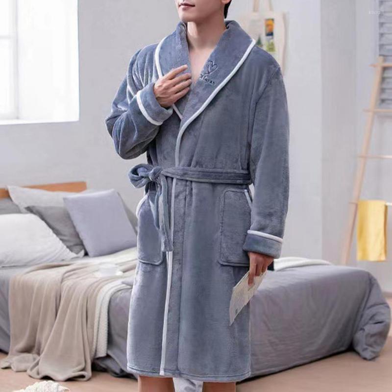 

Men's Sleepwear Men Bathrobe Tight Waist Open Stitch Home Wear Chic Turn-down Collar Winter Nightgown, Grey