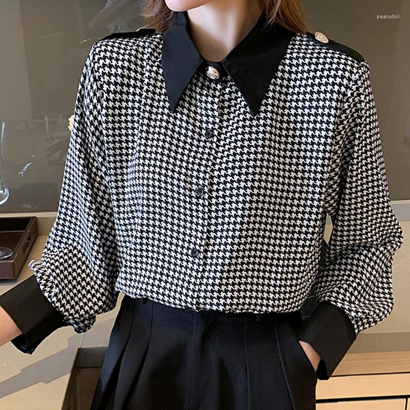 

Women' Blouses H Han Queen Fashion Printed Houndstooth Shirts Women Turn-down Collar Loose Vintage Chiffon Blouse Female Casual Top, Photo