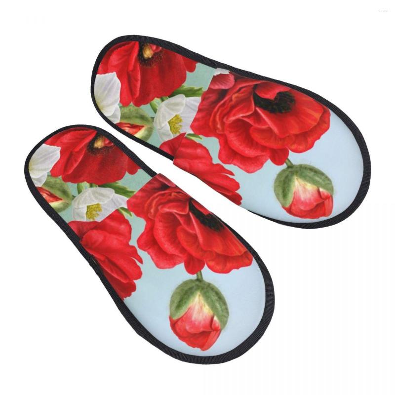 

Slippers Floral Border Red Poppies Flowers And White Anemones Slipper For Women Men Fluffy Winter Warm Indoor, Black