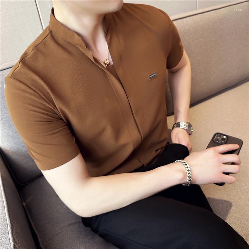 

Men's Casual Shirts Men's Summer High Quality Short-sleeved Shirts/Male Slim Fit Lapel Fashion Business And Shirt Plus S-4XL, Coffee