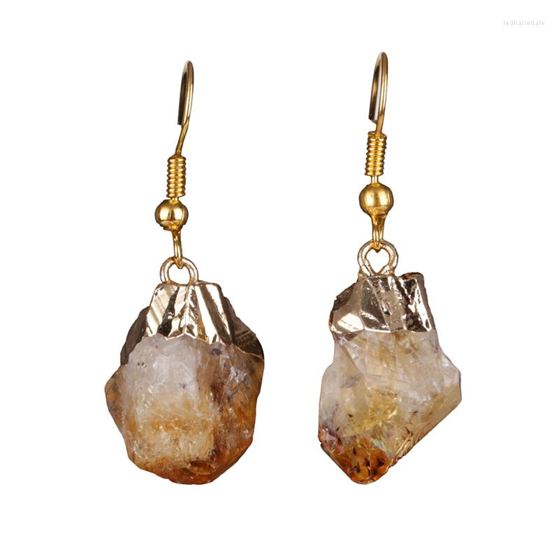 

Dangle Earrings Pure Gold Color Frame Hook Buckle Natural Rough Yellow Champagne Crystal Semi-precious Gem Stone Slice Earring For Women