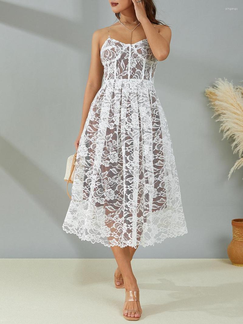 

Casual Dresses Women Low-Cut Sleeveless Strapless Floral Lace Double-Layer Long Dress Summer Solid Color Party Black/White