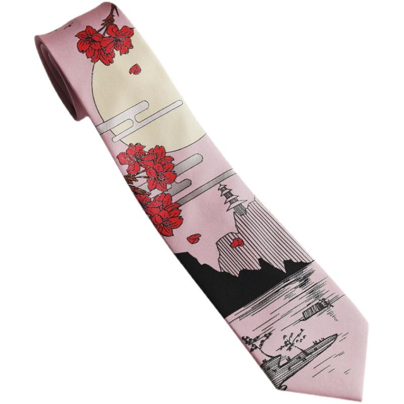 

Neck Ties Unique Creative Printing Cool Funny Party Pink Landscape Painting Volume Cherry Blossom As A Gift