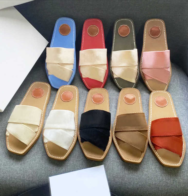 

Women Woody Flat Mule Designer Sandals Canvas Slippers Calfskin Sandals Rubber Bottom Summer Beach Shoes Letters Flip Flops With Box NO290, 12