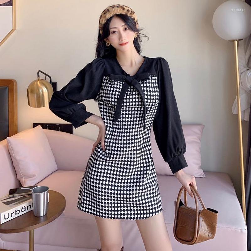 

Casual Dresses Long Sleeve Plaid Dress 2023 Mini Summer Women Fashion Cottagecore Style Outfits Cute Y2K For Girl Clothing, Black