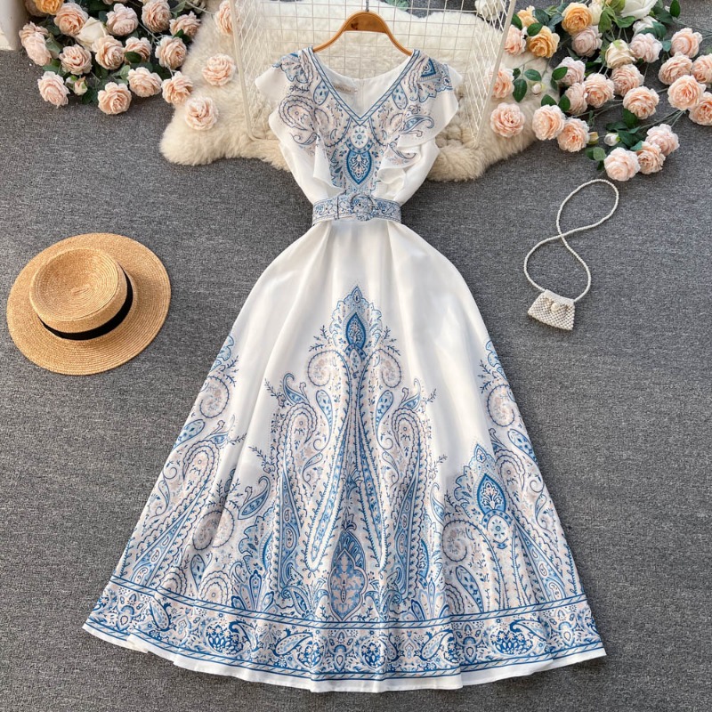 

Summer New Style Palace Style French Vintage V-neck Sleeveless Dress Women's Waist Long A-line Print Dress Trendy, Black