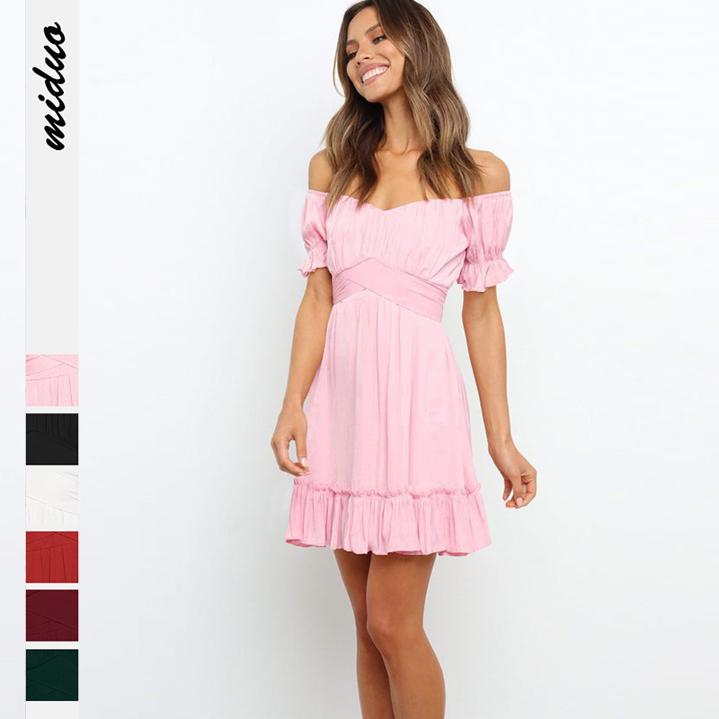 

Womens Mini dress one-line collar solid color high-waist slimming A-line skirts for girls Big U-neck sexy lantern sleeve casual dresses 2023 summer new products, Wine red