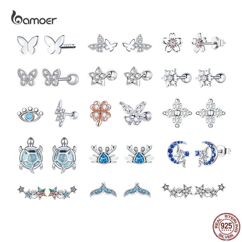 

Bamoer Real 925 Sterling Silver Butterfly Animal Flower Ear Studs for Women Exquisite Party Earrings for Girl Original Design