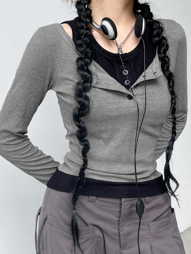 

Women's T Shirts American Retro Gray Long Sleeve T-Shirts Women Contrast Patchwork Fairycore Grunge Clothes Button Up Ribbed Sweats Tops, Dark grey