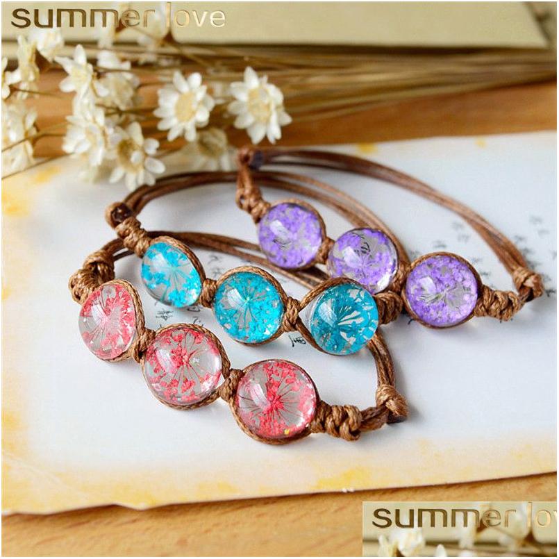 

Charm Bracelets Glass Ball Dried Flower Bracelet Weave Lucky Wax String Bohemia Handmade Woven Purple Real Flowers Beads Drop Delive Dhljh