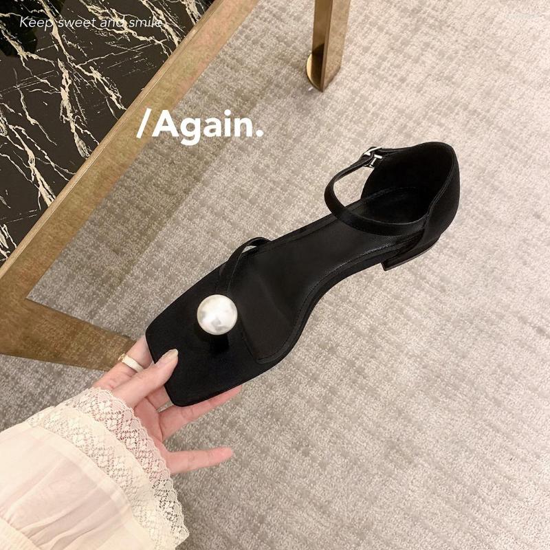 

Sandals 2023 Ladies Fashion Summer Square Head Pearl Clip Toe Buckle With Thick Heel For Women Jp-A08, Black