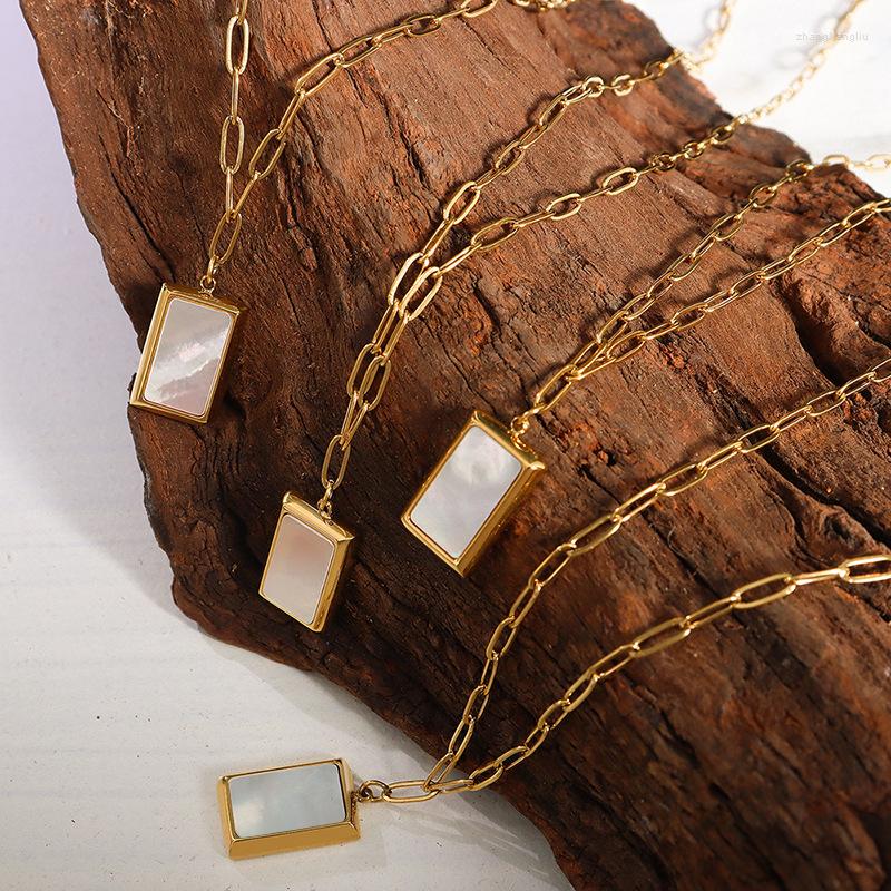 

Chains Trendy Stainless Steel Necklace For Women Square White Sea Shell Pendant Necklaces 2023 Fashion Jewelry Trend Versatile Choker