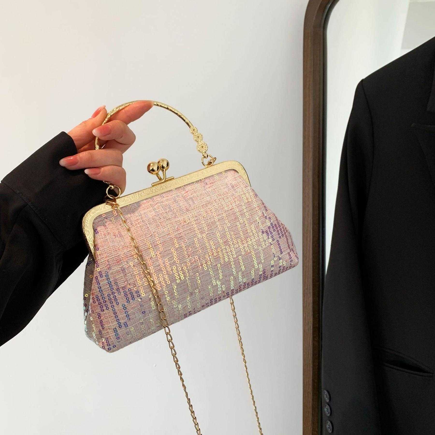 

Chain Sequins Dinner Bag Womens Fashion Socialite Clutch Pearl Hand Shoulder Crossbody, Pink