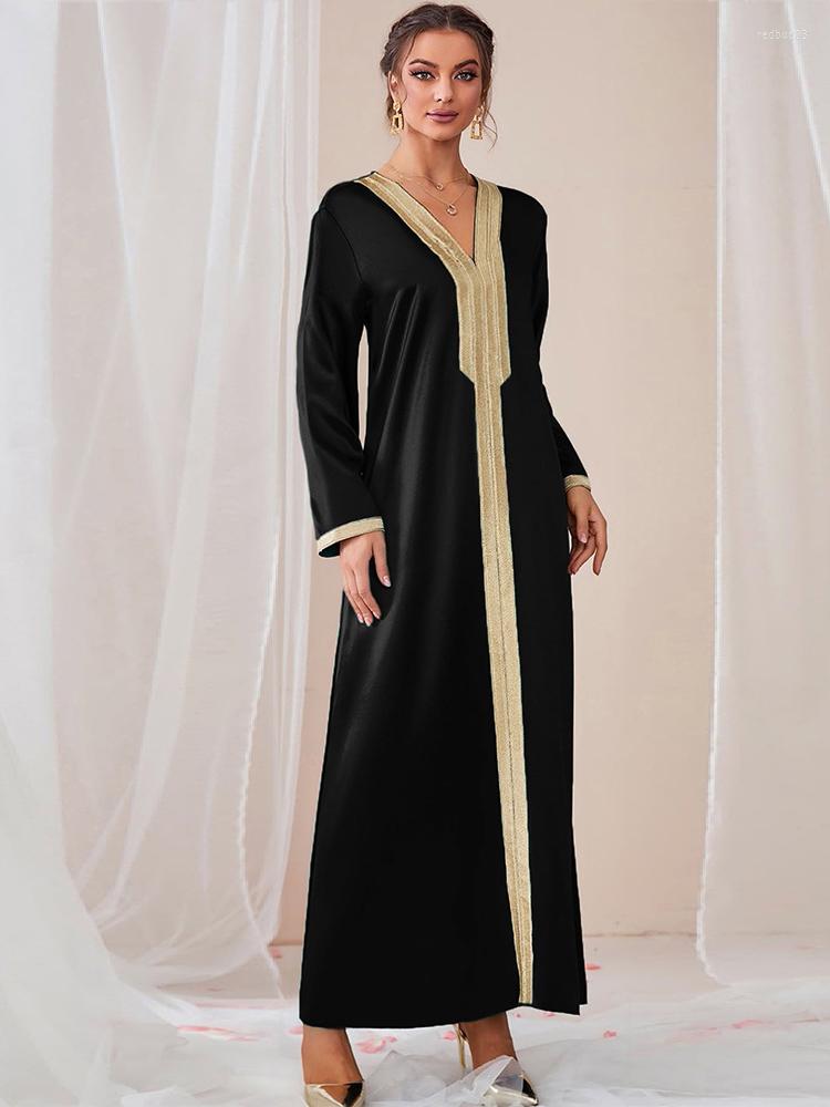 

Casual Dresses Women Elegant Maxi 2023 Spring Autumn Luxury V-Neck Long Sleeve Abaya Muslim Turkish Evening Party Robe Vestido, Black