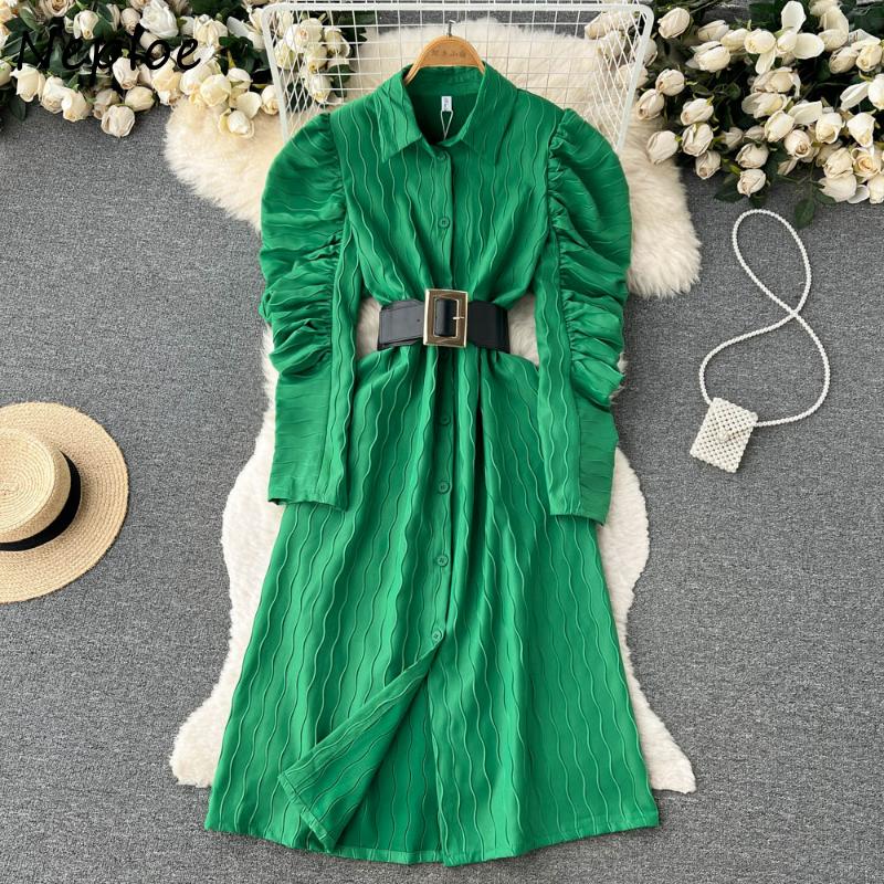 

Casual Dresses Neploe Y2k Vestidos De Mujer Elegan Turn Down Collar Solid Color Long Sleeve Robe Femme Single-breasted Belt Slim Waist, Green