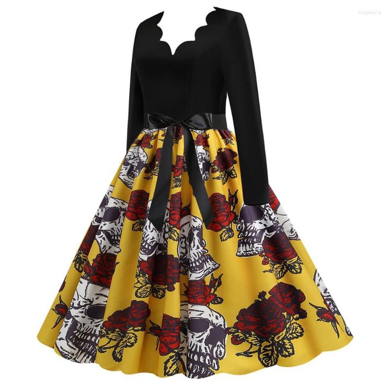 

Casual Dresses Halloween V-neck Dress Women's Cocktail Skull Printed Cosplay Party 2023 Carnival Ladies Mid-Length Skirt, Black