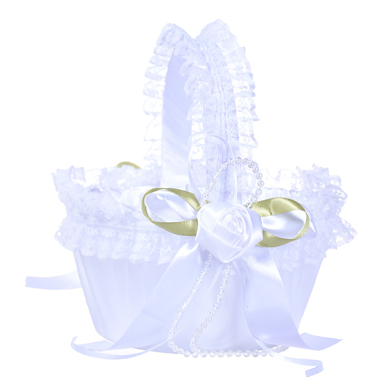 

White Lace Girl Basket Elegant Satin Rose Round Wedding Favors Decoration L5657