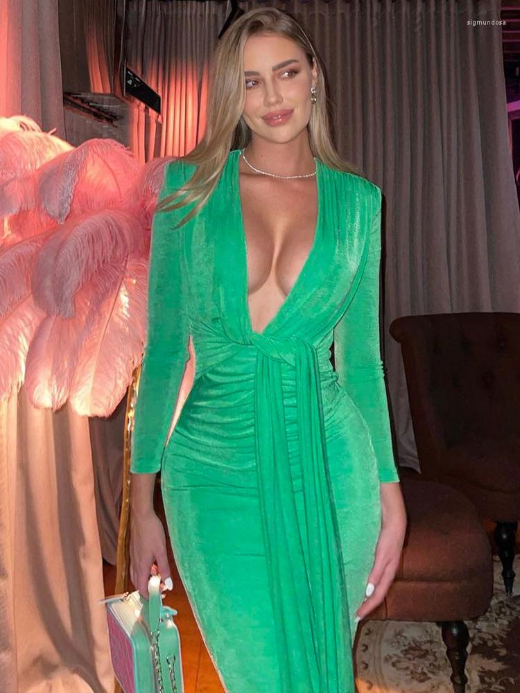 

Casual Dresses Sexy Autumn Y2K Clothes V-Neck Long Sleeve Ruched Bodycon Birthday Midi For Women Club Party Elegant Fall Outfit, Green
