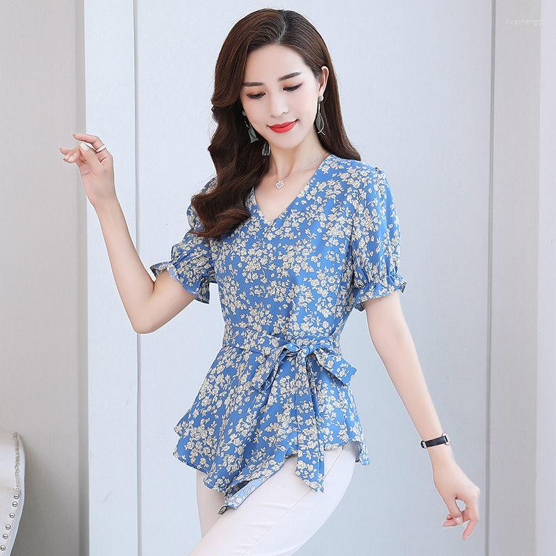

Women's Blouses Women Spring Summer Style Shirts Lady Loose V-Neck Short Sleeve Flower Printed Blusas Tops ZZ1863, Blue
