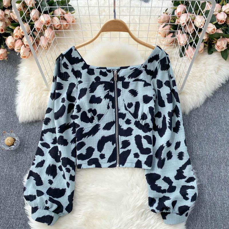 

Women's Jackets ZVAQS Short Jacket Woman Spring 2023 Blue Brown Leopard Print Coat Women Clothes Chic Vintage Puff Sleeve Top Outwear Veste