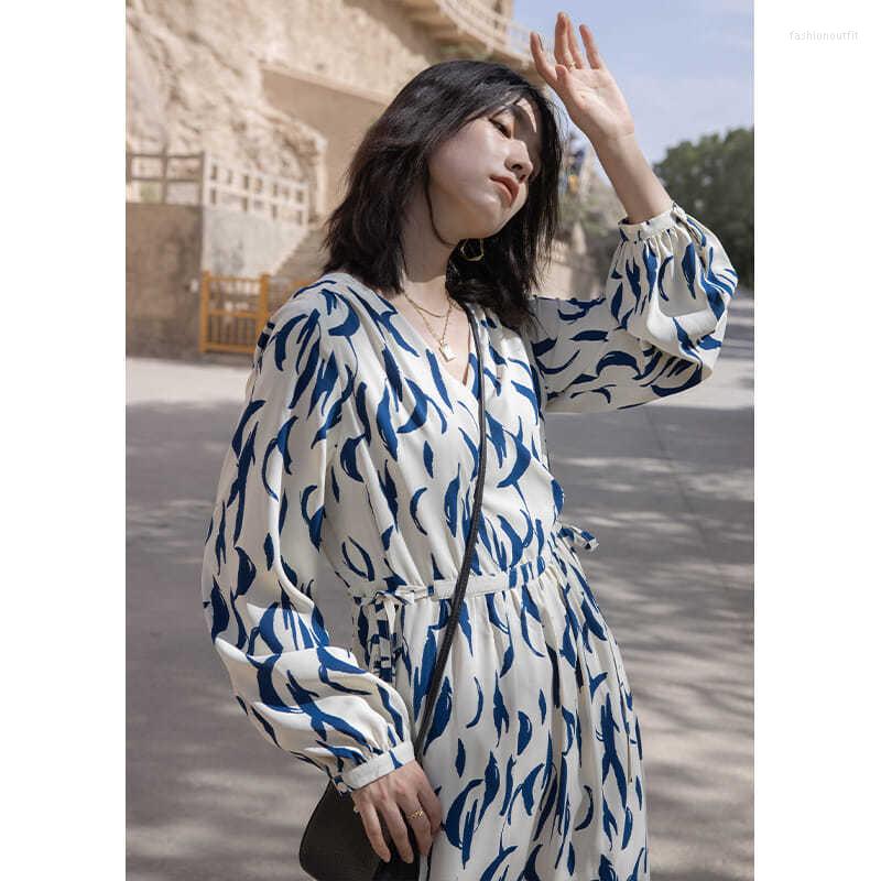 

Casual Dresses Crossover V Neck Shirt Long Sleeve Chiffon Blouson Women Comfort Apparel Vestido Boho Pattern Dress, Blue