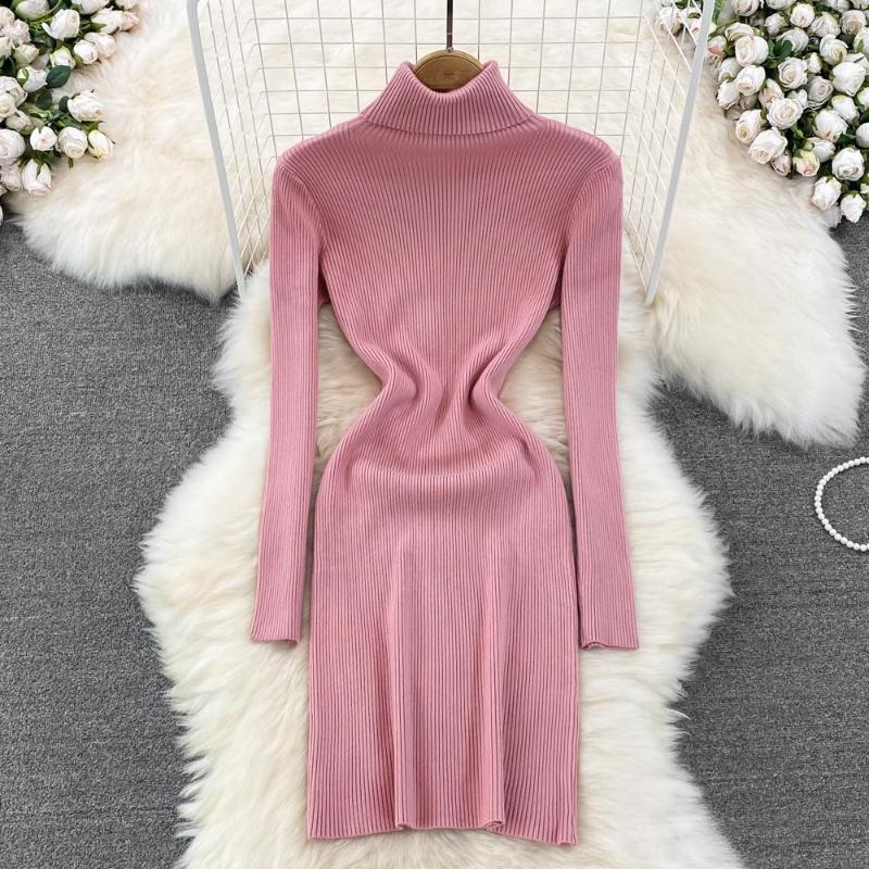 

Casual Dresses Korean Fashion Knitted Party Dress Woman Y2K Long Sleeve Half High Collar Elastic Female OL Office Vestido Drop, Yellow