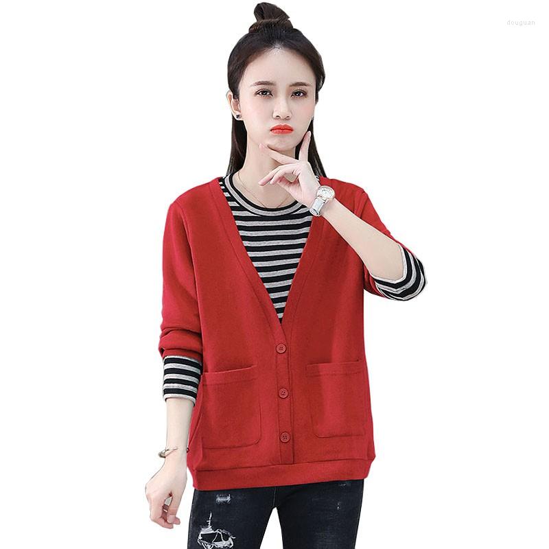 

Women's Hoodies Women Knitted Cardigan Coat Autumn Winter Casual O-Neck Long Sleeve Crochet Knit Sweater Female Fake Two Tops 2023, Red