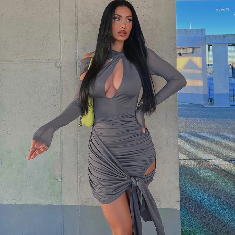 

Casual Dresses Zoctuo Mesh Patchwork Ruched Sexy Y2K Clothes Hollow Out Long Sleeve Bodycon Mini For Women 2023 Club Streetwear Outfit, Grey