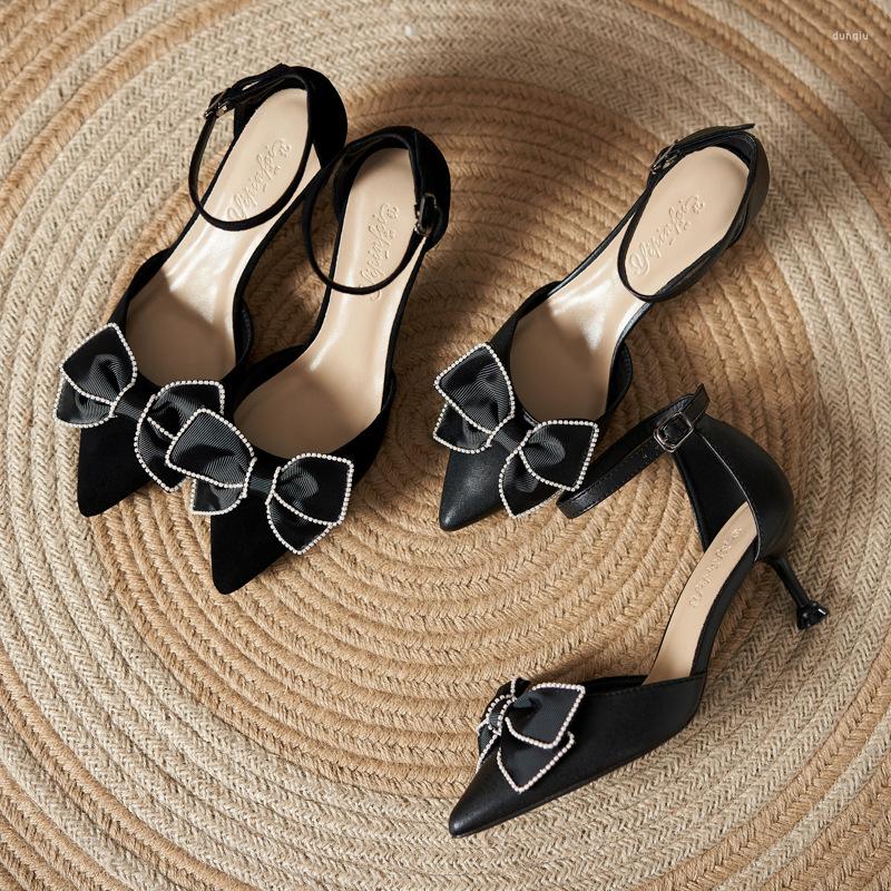 

Sandals 2023 Fashion Suede Women's Pumps Sweet Pearl Bow Pointed Toe High Heels Stiletto One Character Strip Sandal Woman, Soft leather