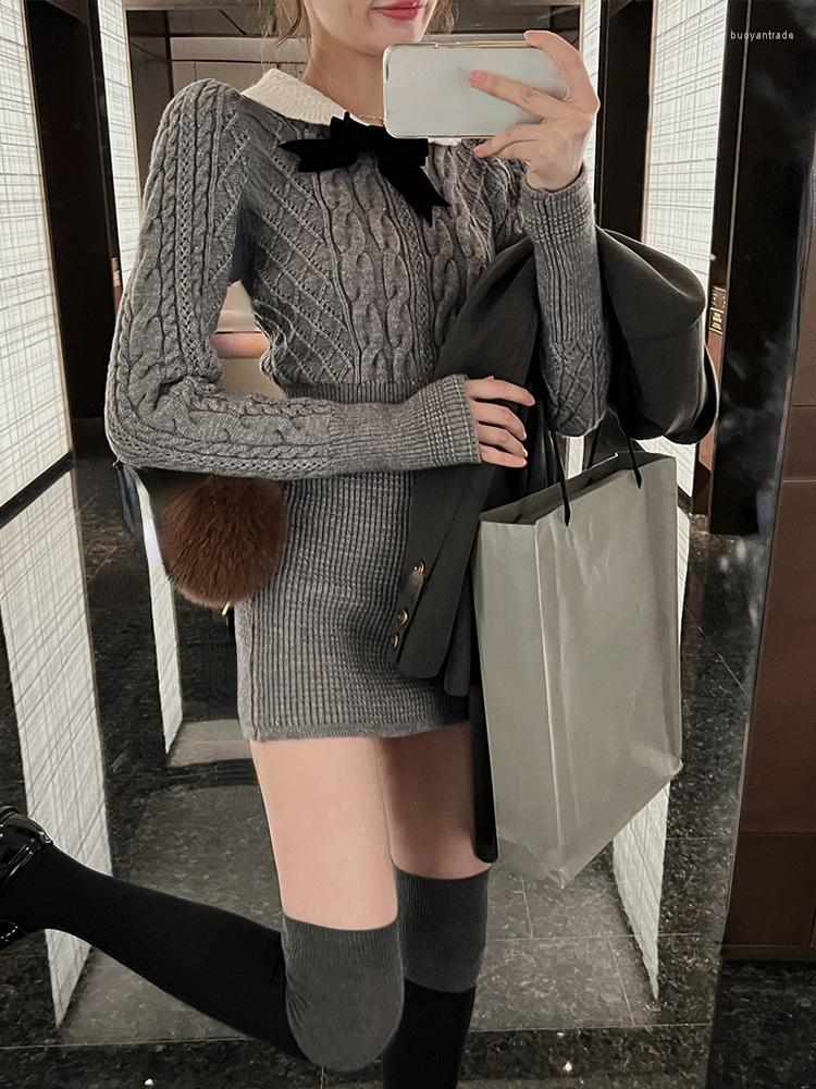 

Casual Dresses 2023 Autumn Korean Suit Sexy Bodycon Mini Skirt Long Sleeve Solid Short Sweater Woman Knitted 2 Piece Dress Set Retro, Black