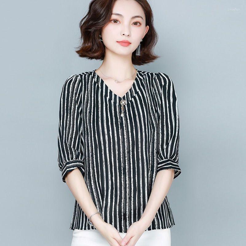 

Women's Blouses Women Spring Summer Style Chiffon Shirts Lady Casual Half Sleeve O-Neck Striped Printed Blusas Tops ZZ1900, Black