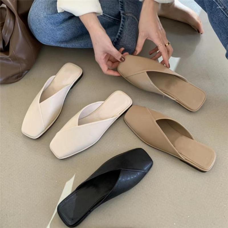 

Slippers Large Baotou Half Women's 2023 Summer Outwear Square Toe Flat Bottom Sandals Lazy Muller Shoes, Khaki