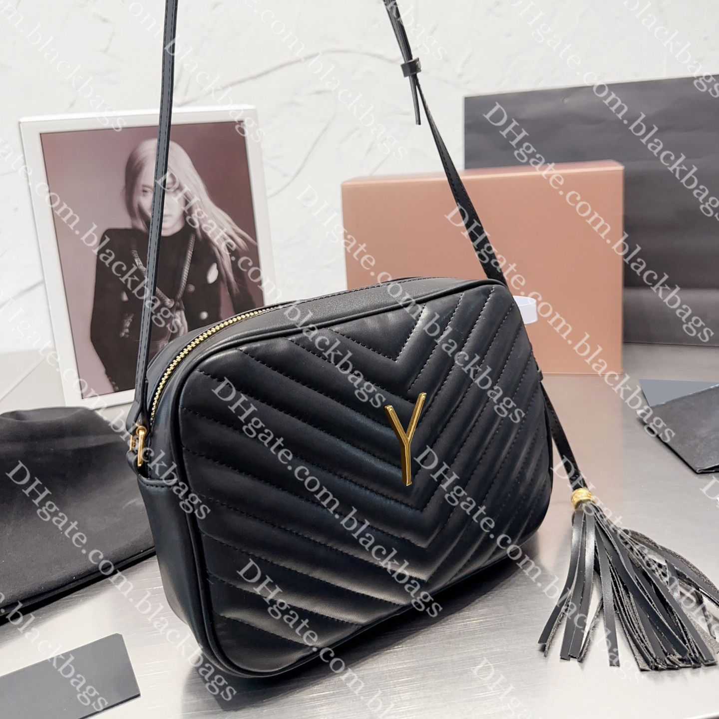 

Women Designer Bag Gold Letter Crossbody Bag High Quality Messenger Bags Genuine Leather Square Chest Pack Tassel Decoration, Black+black letter