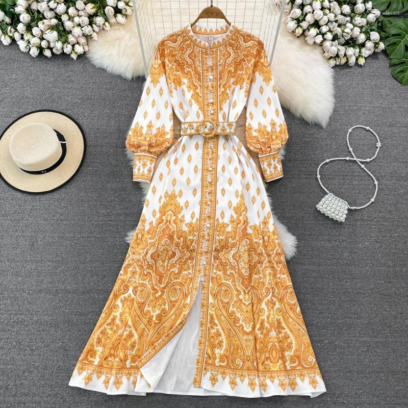 

Casual Dresses High-class Light Luxury Temperament Round-necked Lanterns Long-sleeved Single-breasted Printed Dress, White
