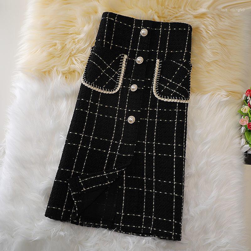 

Skirts A-linet Knee Length Skirt Women Autumn Winter High Waist Wrap Hip Office Pocket Single Breasted Tweed Stretchy A09, Black