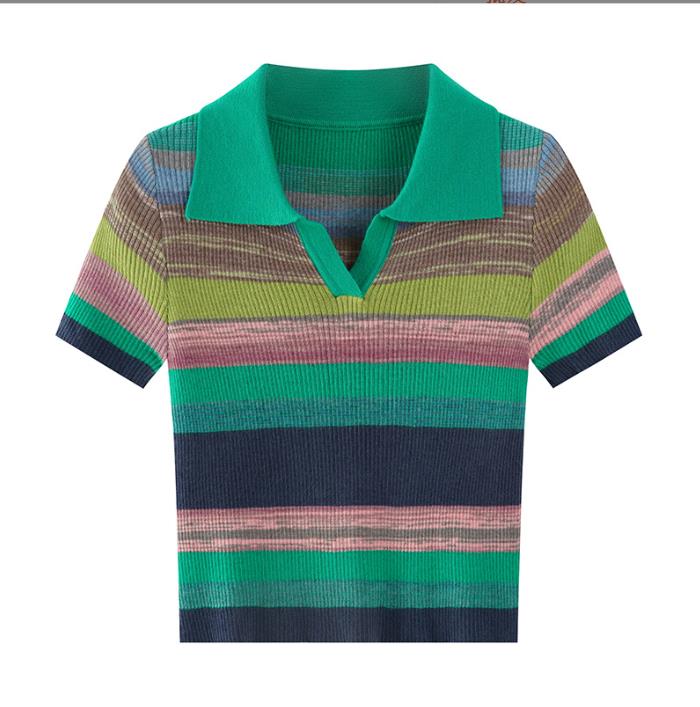 

510 L 2023 Summer Sweaters Women' Pullover Sweater Blue Pink Lapel Neck Short Sleeve Brand Same Style Women' xiurong